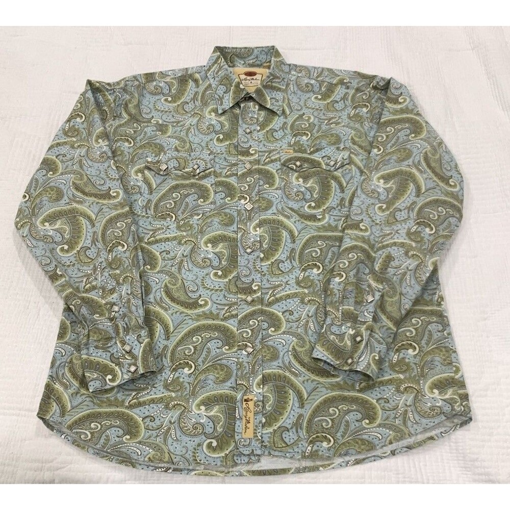 Larry Mahan Western Shirt Men XL Paisley GreenBlue Pearl Snap Long Sleeve Cowboy